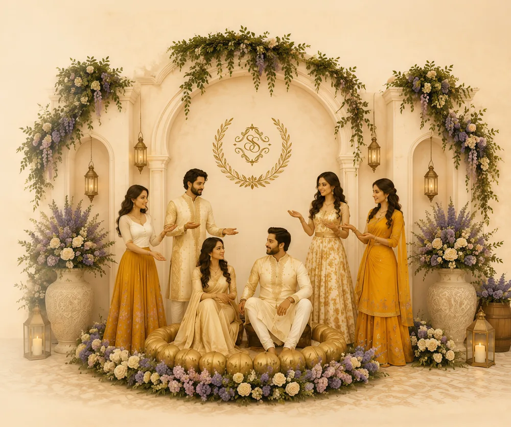 Family in shades of yellow gathered on a flower-strewn dais for the haldi