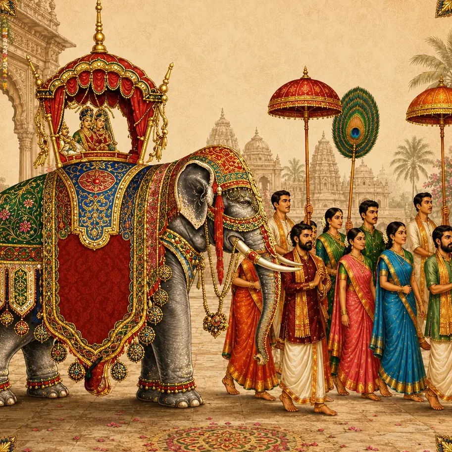 A wedding procession led by a richly adorned elephant