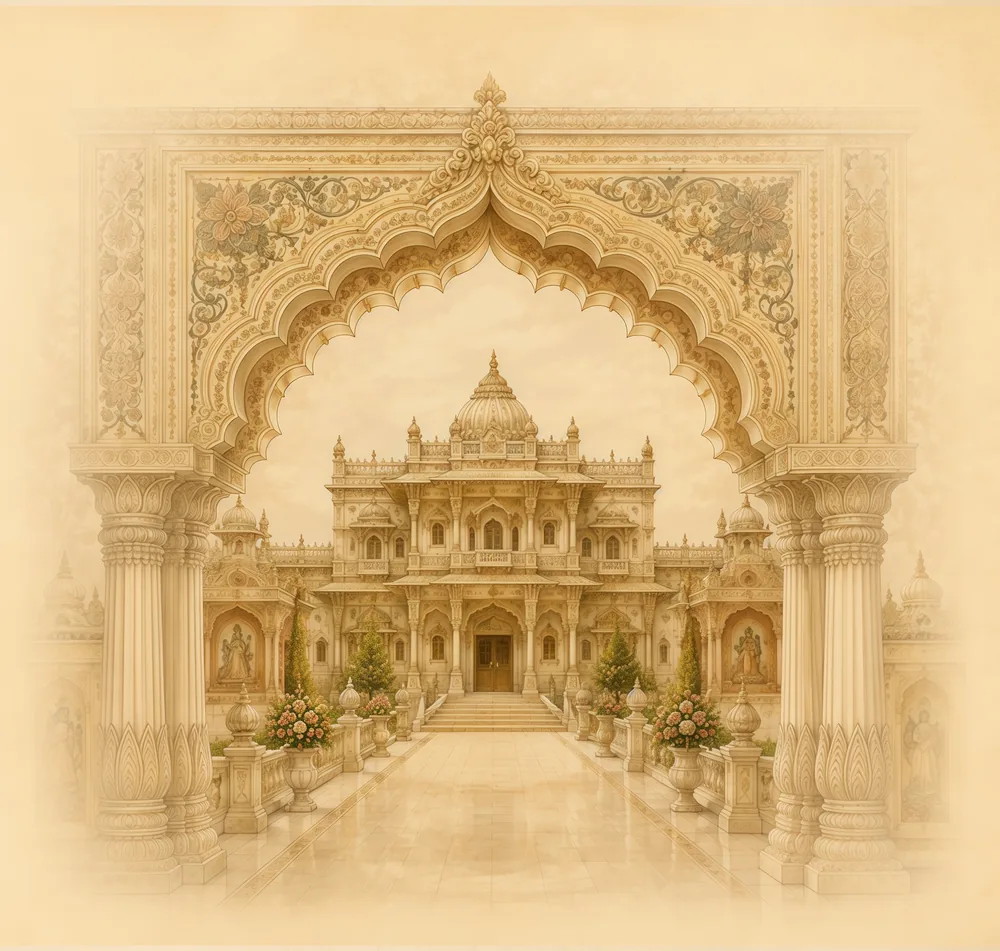A palace courtyard seen through an ornate arch